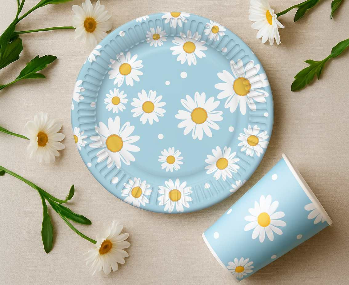 Paper cups, blue, daisies, 250 ml, 6 pcs.