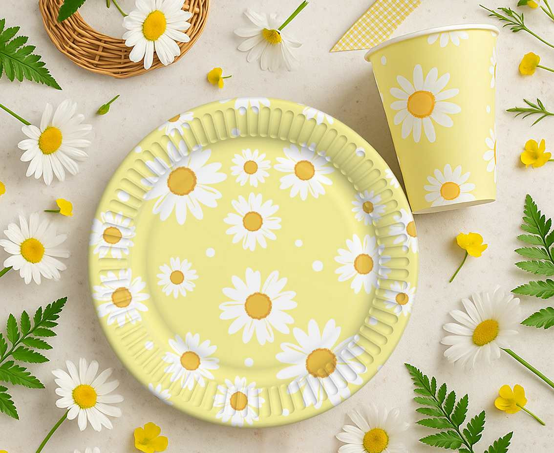 Paper cups, yellow, daisies, 250 ml, 6 pcs.