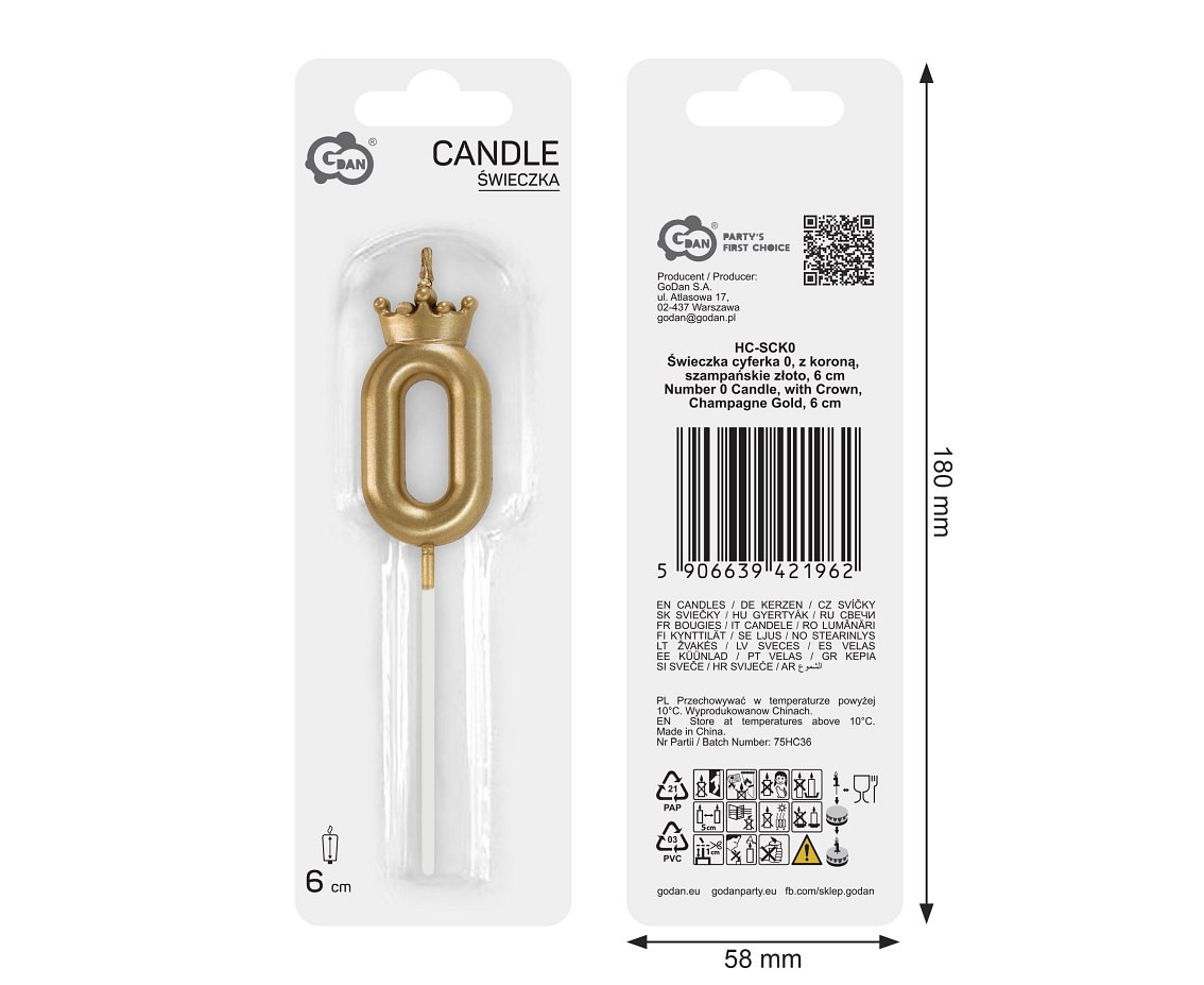 Number 0 Candle, with Crown, Champagne Gold, total length 12 cm