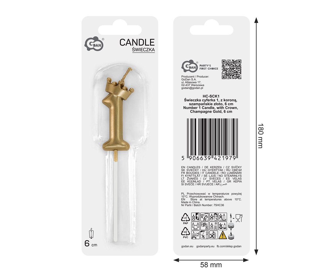 Number 1 Candle, with Crown, Champagne Gold, total length 12 cm