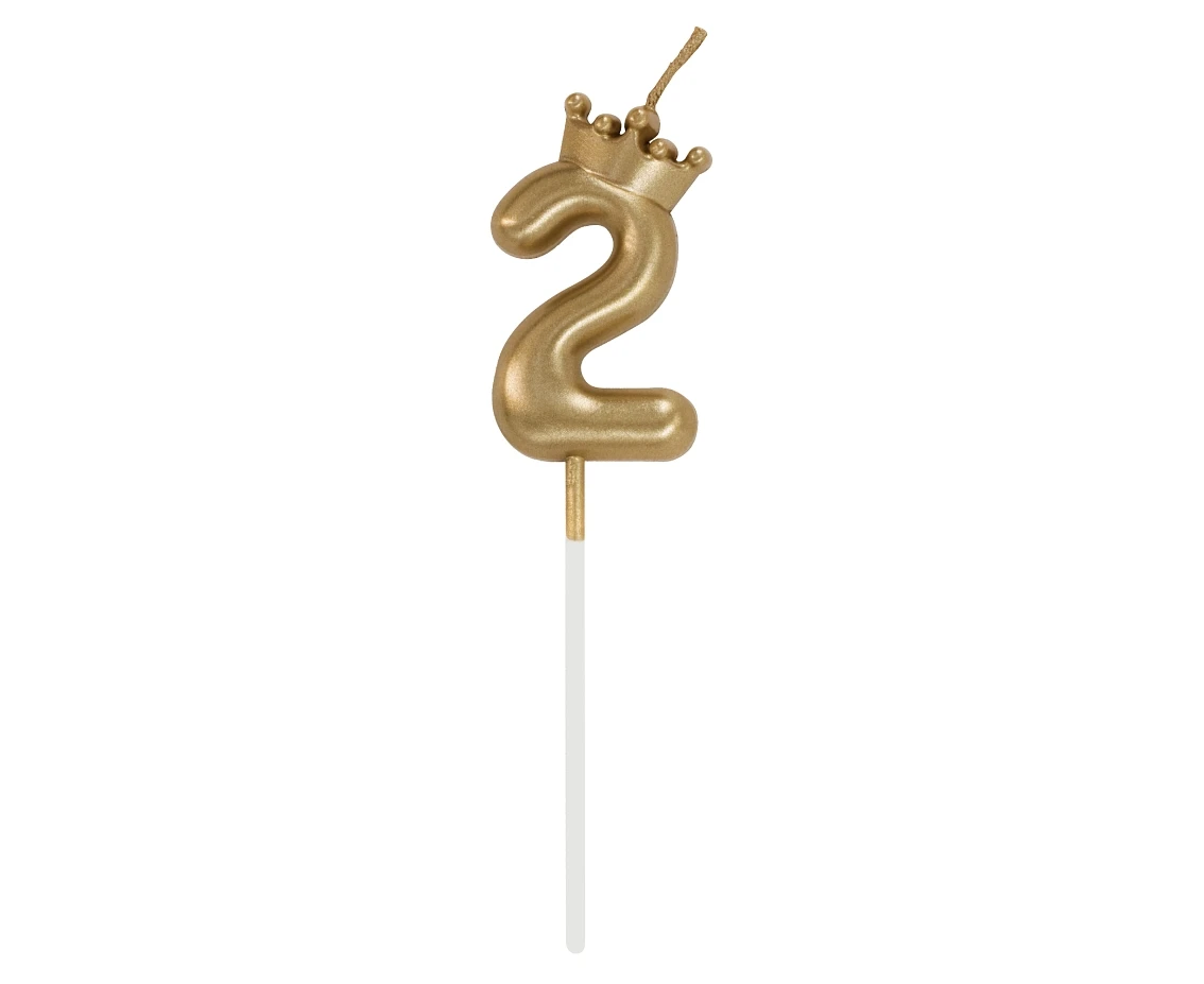 Number 2 Candle, with Crown, Champagne Gold, total length 12 cm