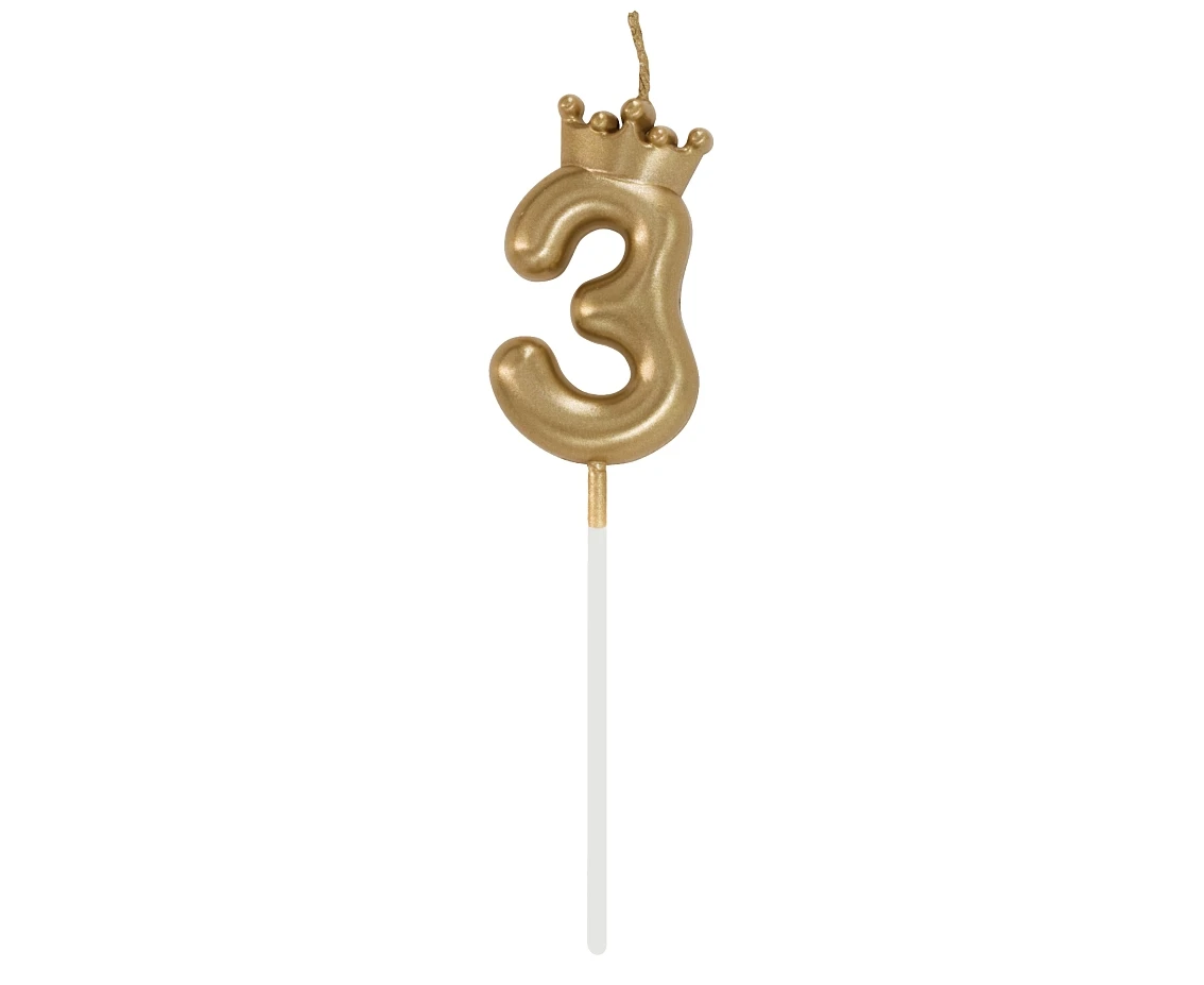 Number 3 Candle, with Crown, Champagne Gold, total length 12 cm