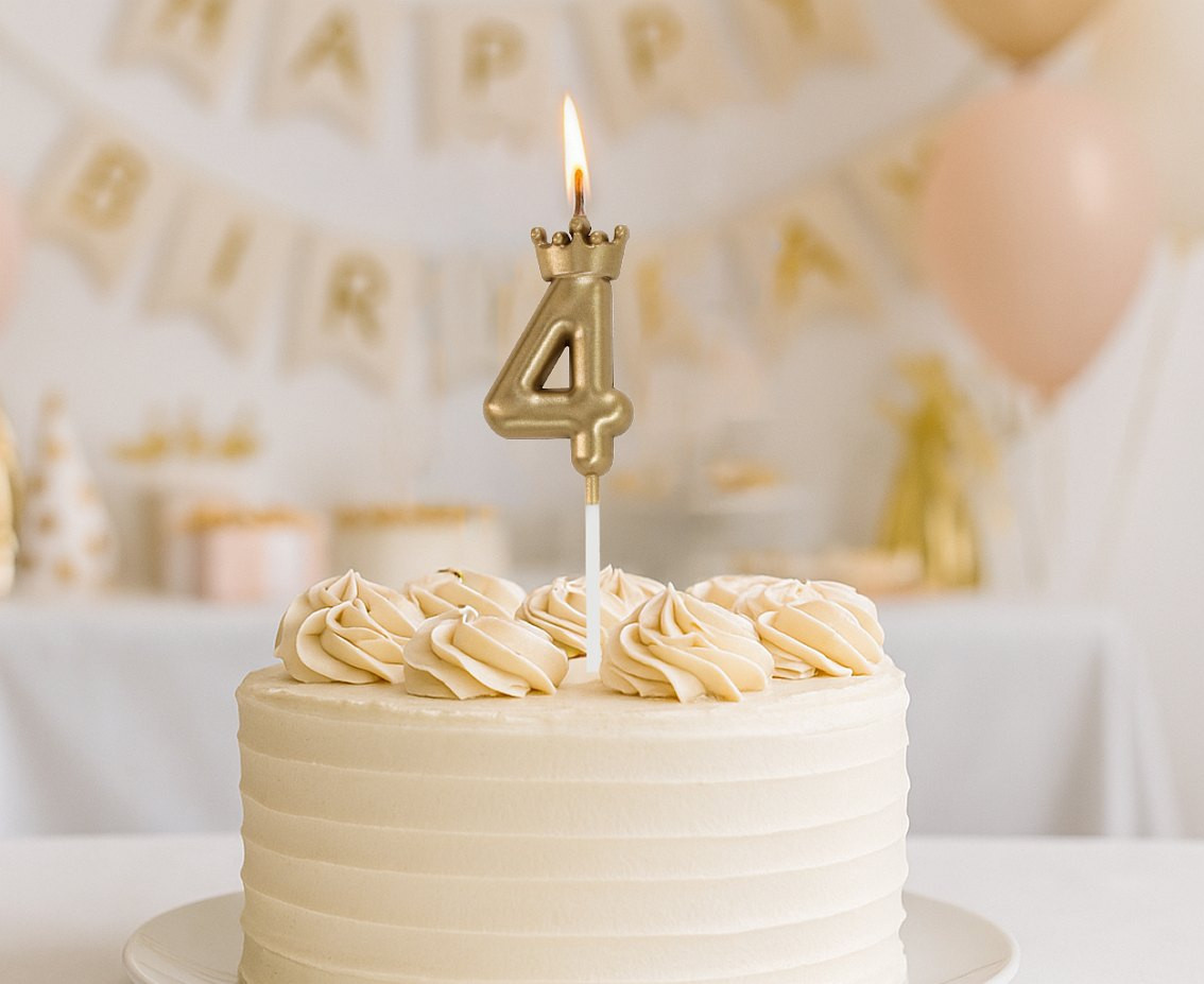 Number 4 Candle, with Crown, Champagne Gold, total length 12 cm