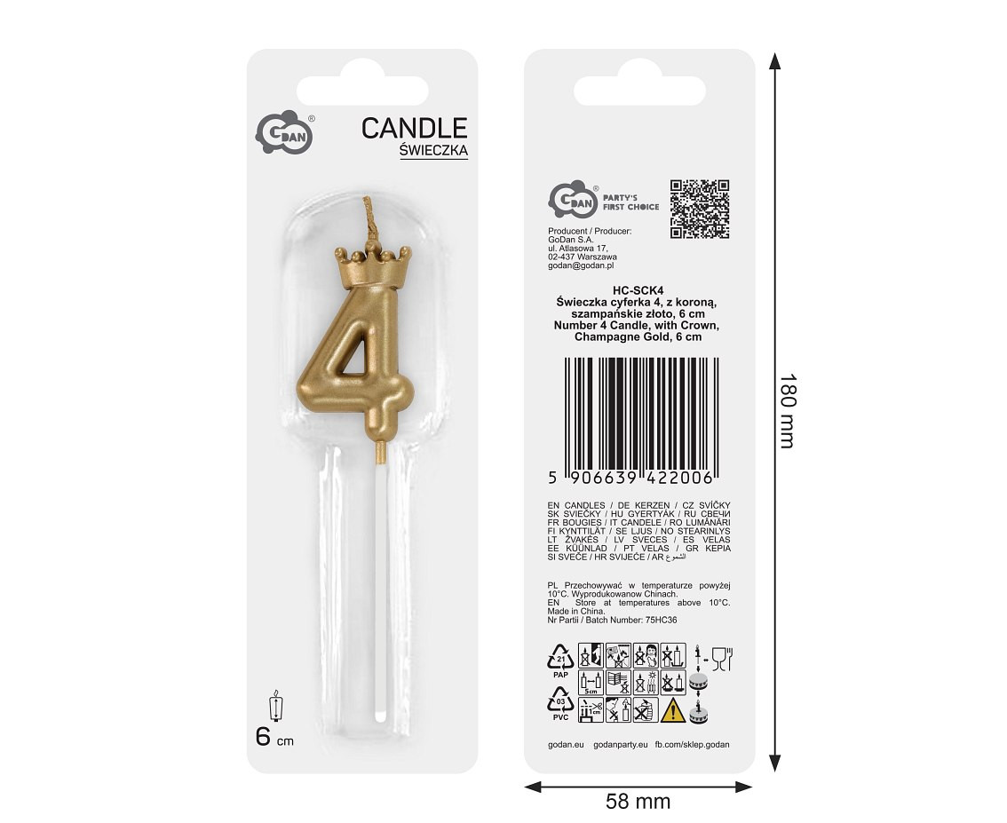 Number 4 Candle, with Crown, Champagne Gold, total length 12 cm
