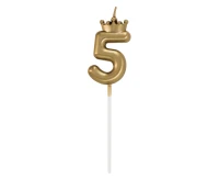 Number 5 Candle, with Crown, Champagne Gold, total length 12 cm