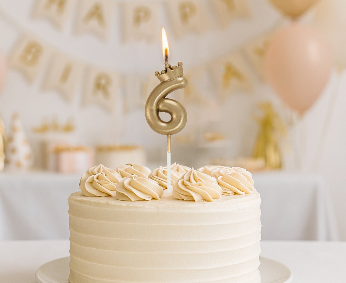 Number 6 Candle, with Crown, Champagne Gold, total length 12 cm