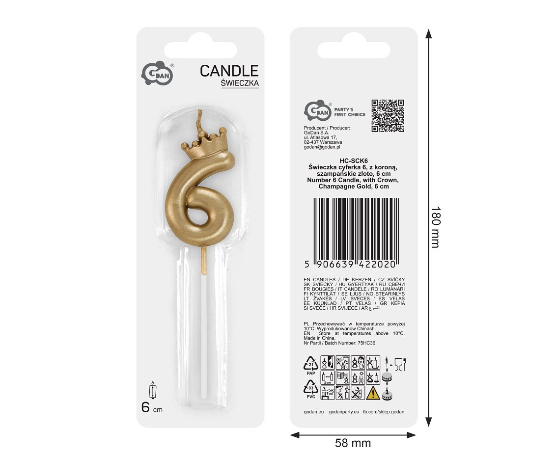 Number 6 Candle, with Crown, Champagne Gold, total length 12 cm