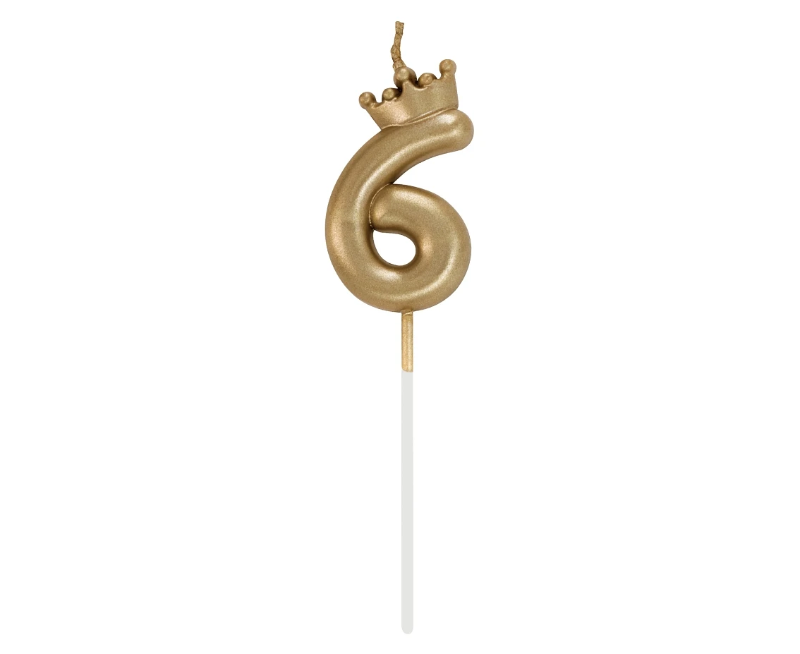Number 6 Candle, with Crown, Champagne Gold, total length 12 cm