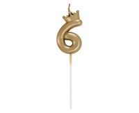 Number 6 Candle, with Crown, Champagne Gold, total length 12 cm