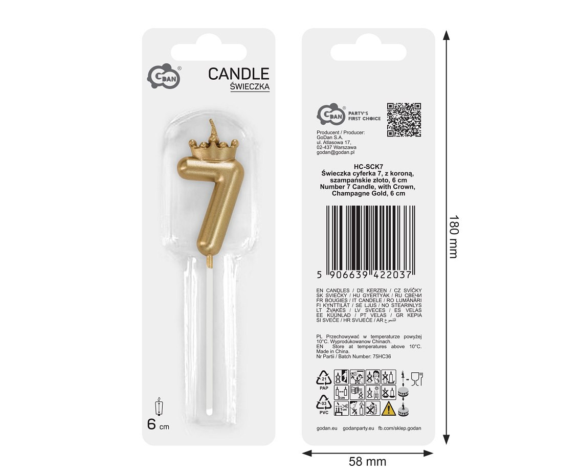 Number 7 Candle, with Crown, Champagne Gold, total length 12 cm