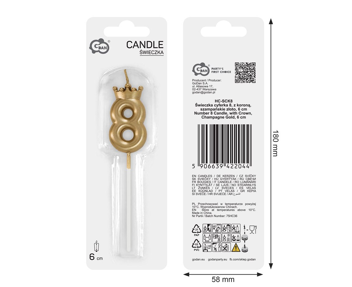 Number 8 Candle, with Crown, Champagne Gold, total length 12 cm