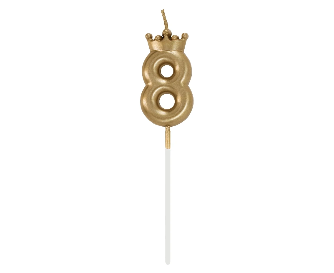 Number 8 Candle, with Crown, Champagne Gold, total length 12 cm