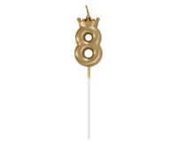 Number 8 Candle, with Crown, Champagne Gold, total length 12 cm