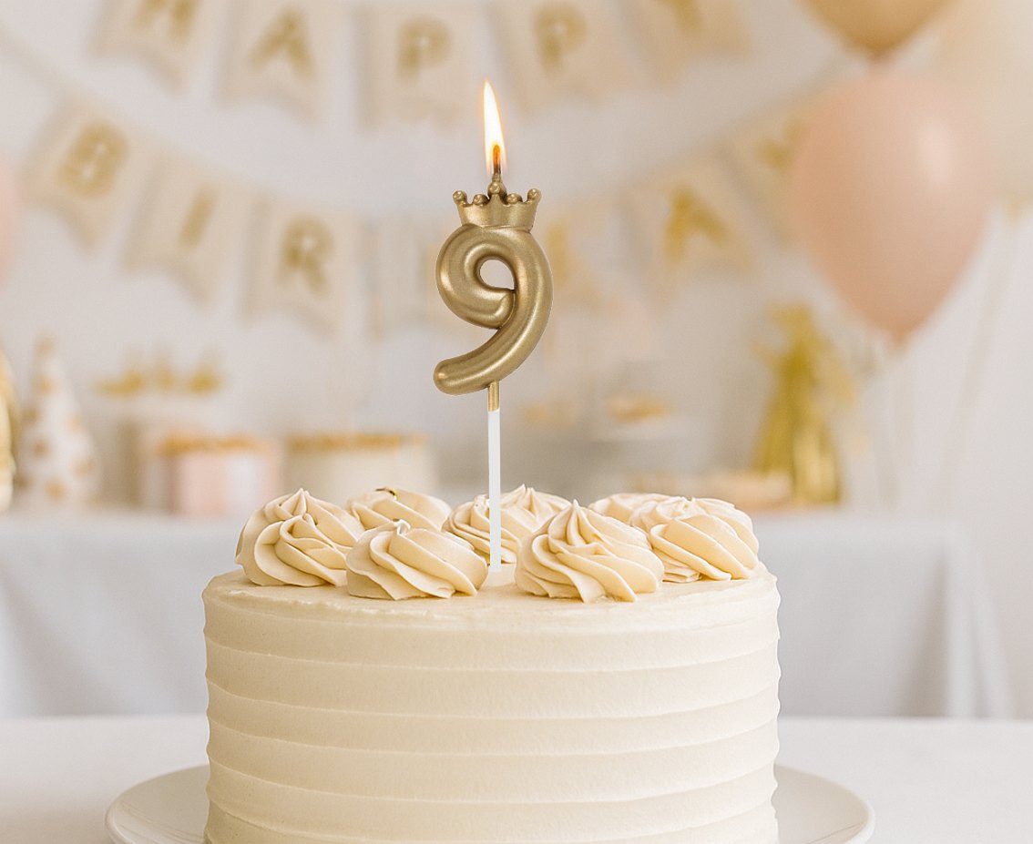 Number 9 Candle, with Crown, Champagne gold, total length 12 cm