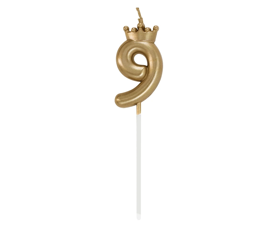 Number 9 Candle, with Crown, Champagne gold, total length 12 cm