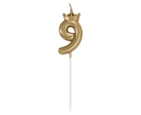 Number 9 Candle, with Crown, Champagne gold, total length 12 cm