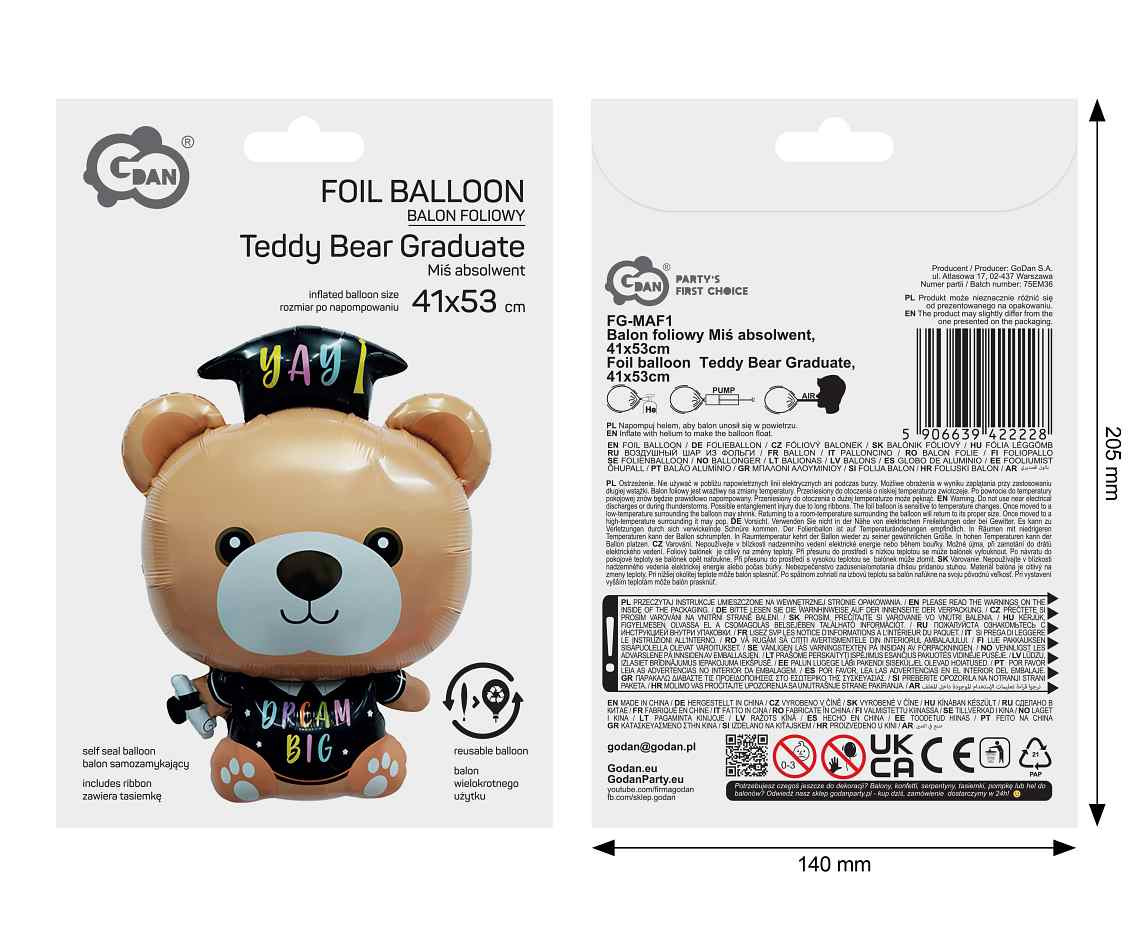 Foil balloon  Teddy Bear Graduate , 41x53cm