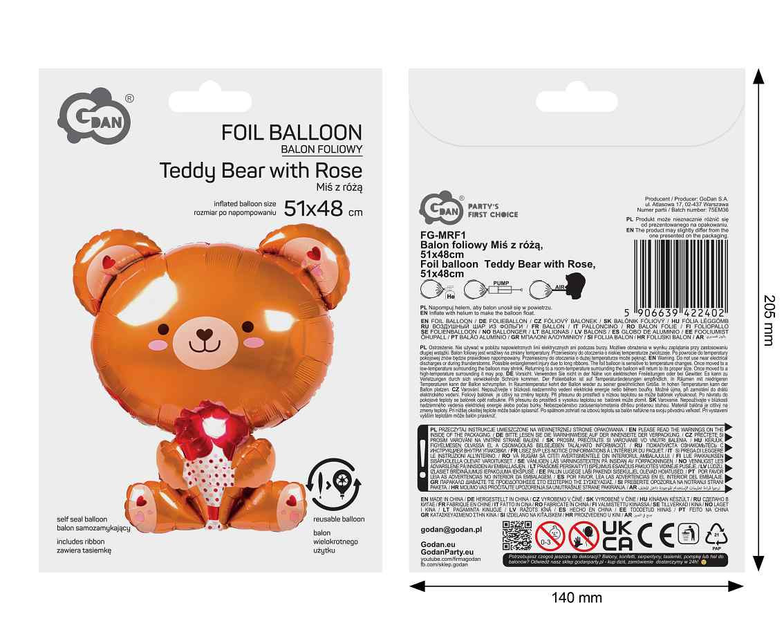 Foil balloon  Teddy Bear with Rose , 51x48cm