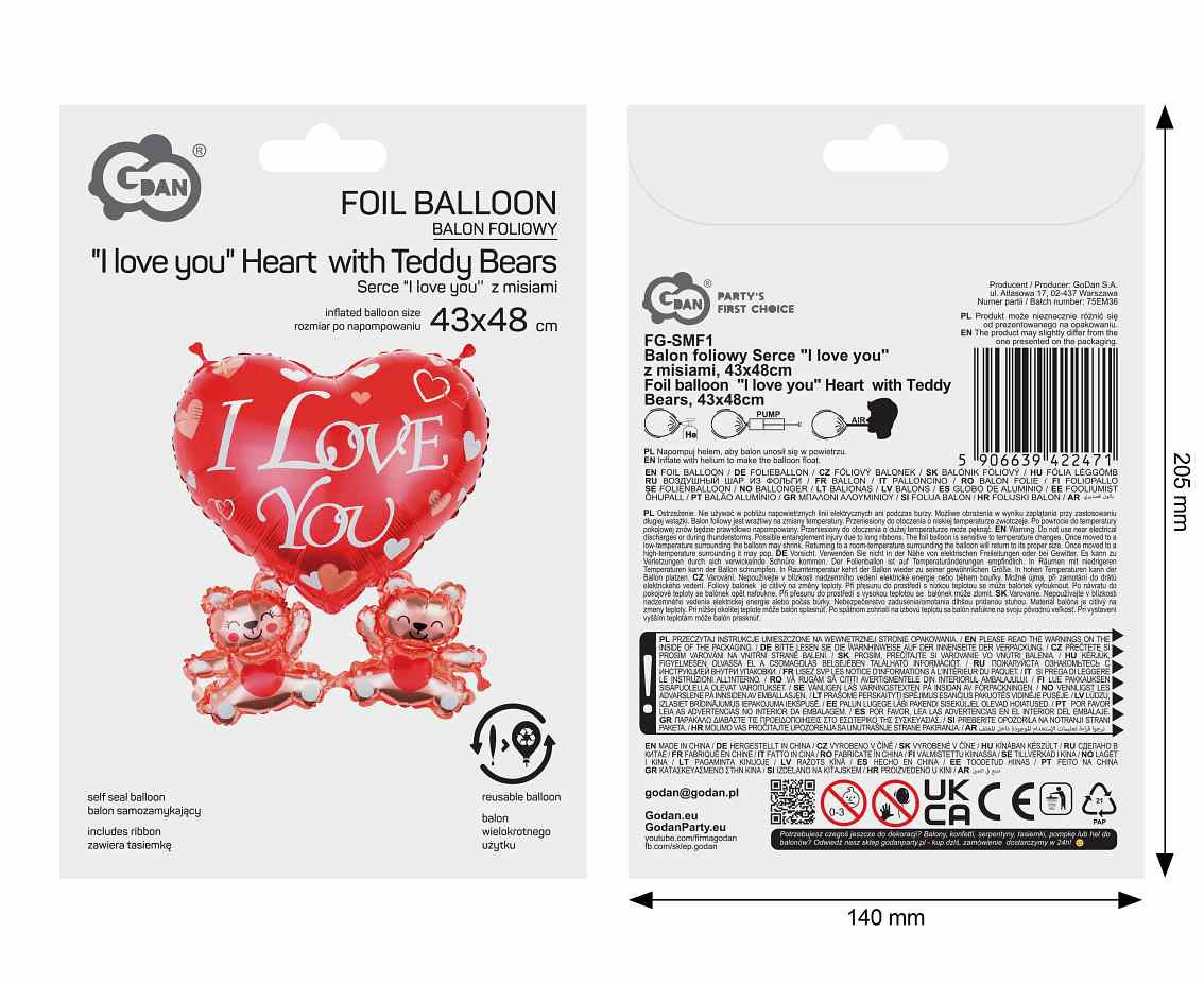 Foil balloon  "I love you" Heart  with Teddy Bears, 43x48cm