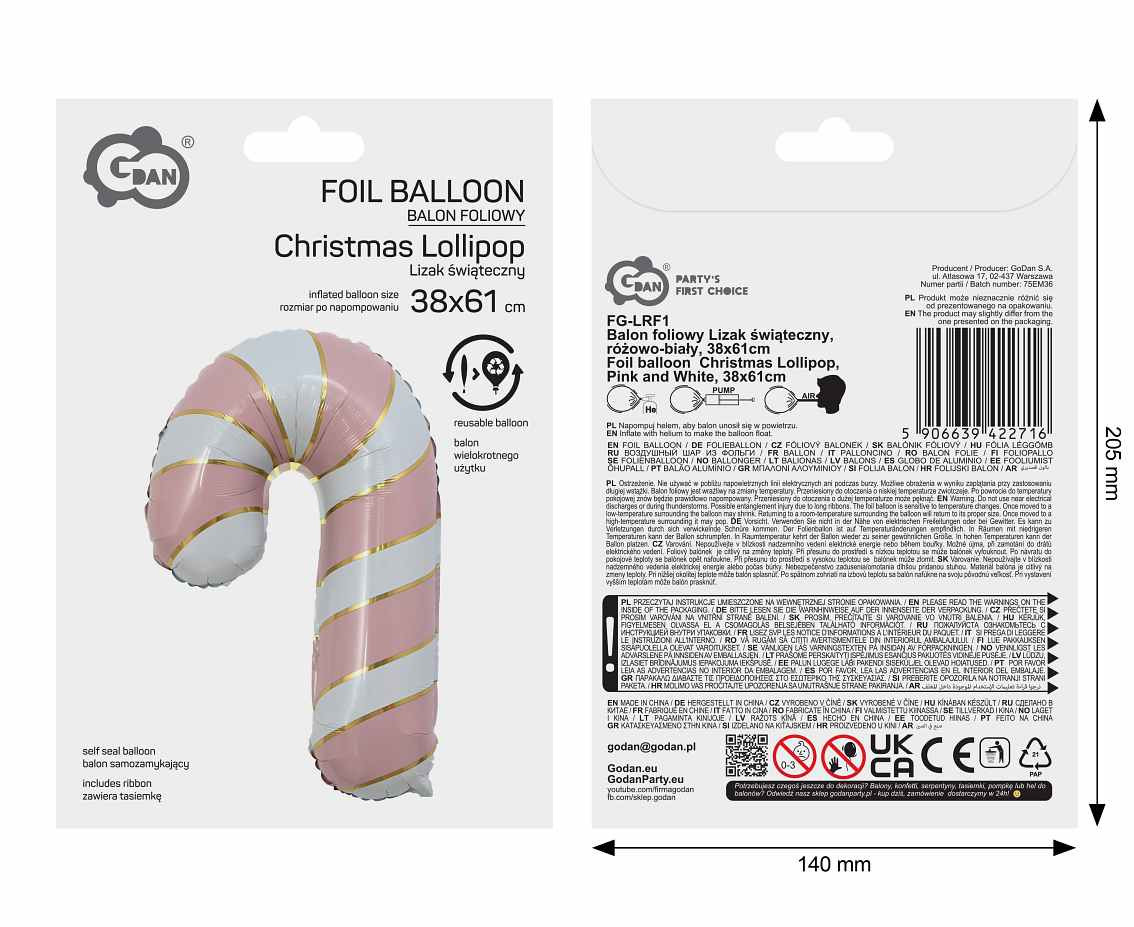 Foil balloon  Christmas Lollipop , Pink and White, 38x61cm