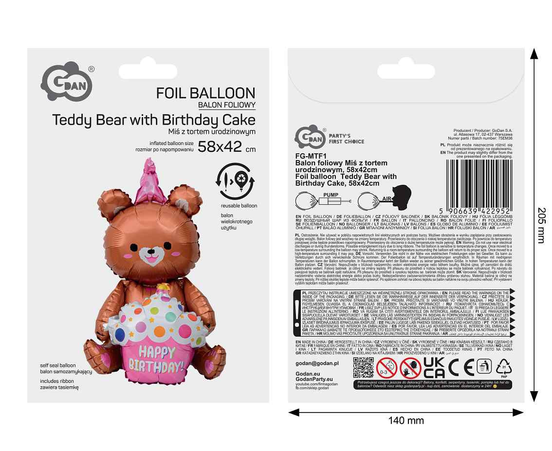 Foil balloon  Teddy Bear with Birthday Cake , 58x42cm