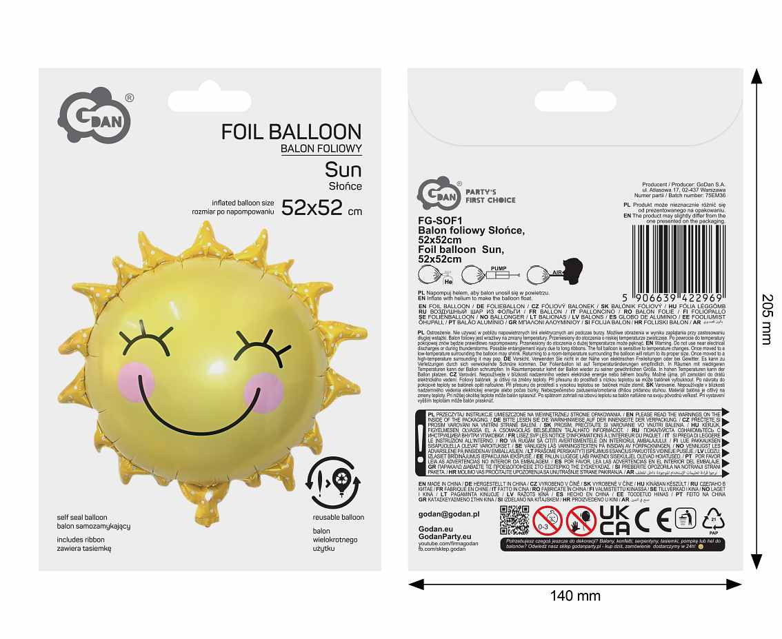 Foil balloon  Sun , 52x52cm