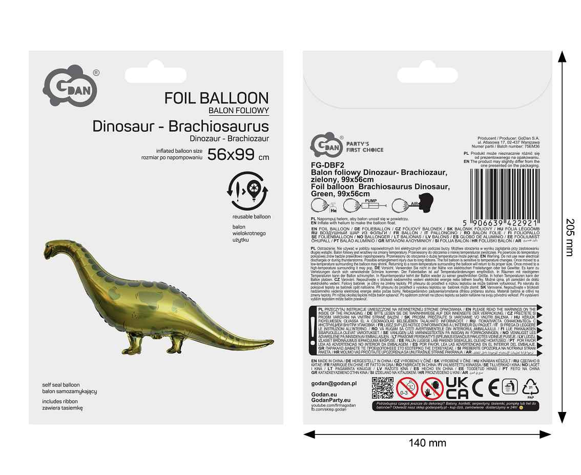 Foil balloon  Brachiosaurus Dinosaur , Green, 99x56cm