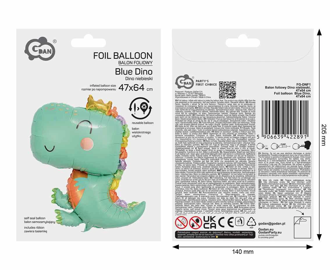 Foil balloon  Blue Dino , 47x64cm