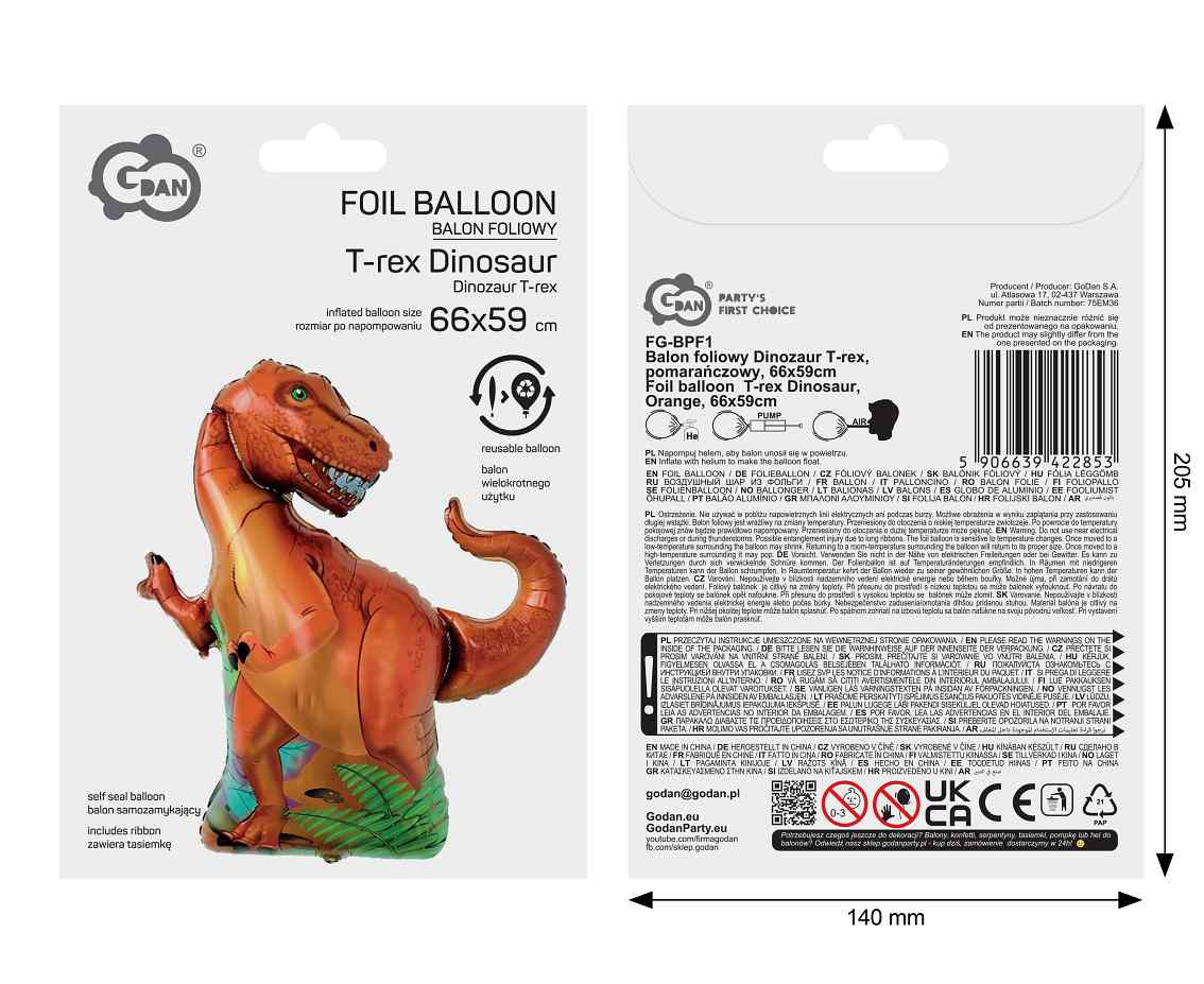 Foil balloon  T-rex Dinosaur , Orange, 66x59cm
