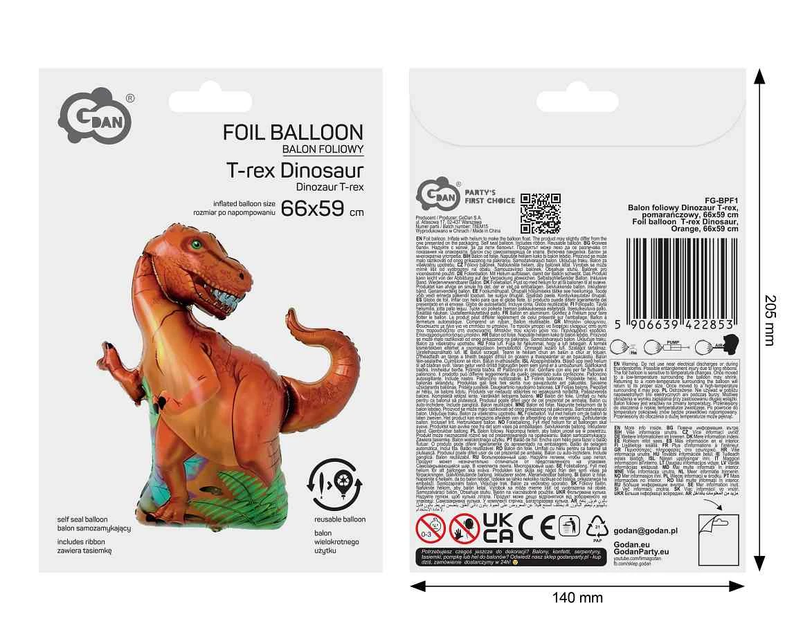 Foil balloon  T-rex Dinosaur , Orange, 66x59cm