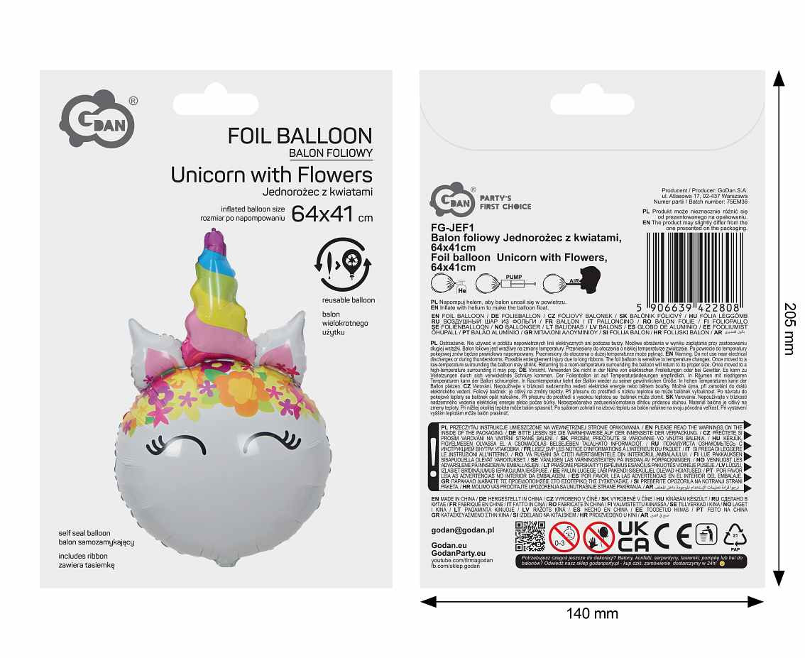 Foil balloon  Unicorn with Flowers , 64x41cm
