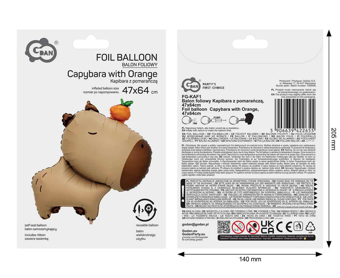 Foil balloon  Capybara with Orange  47x64cm
