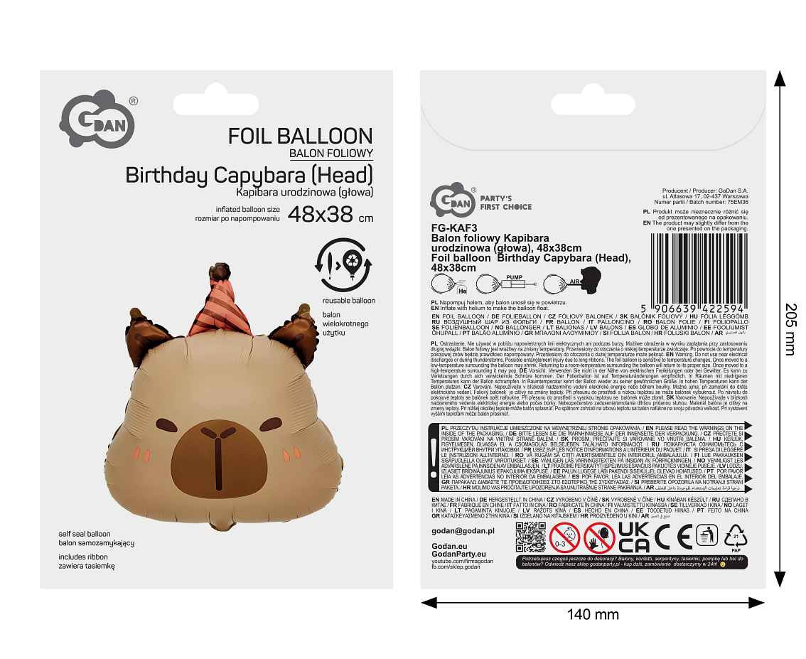 Foil balloon  Birthday Capybara (Head), 48x38cm