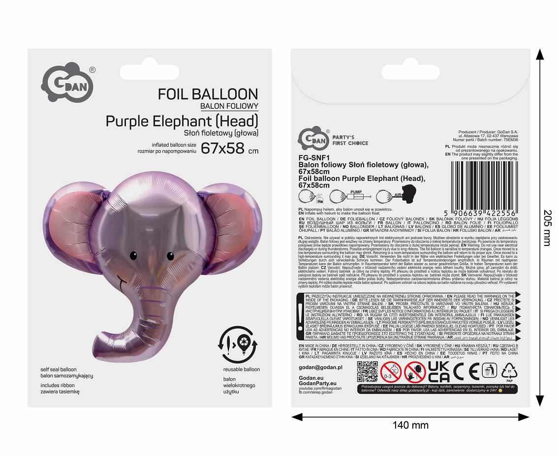 Foil balloon Purple Elephant (Head), 67x58cm