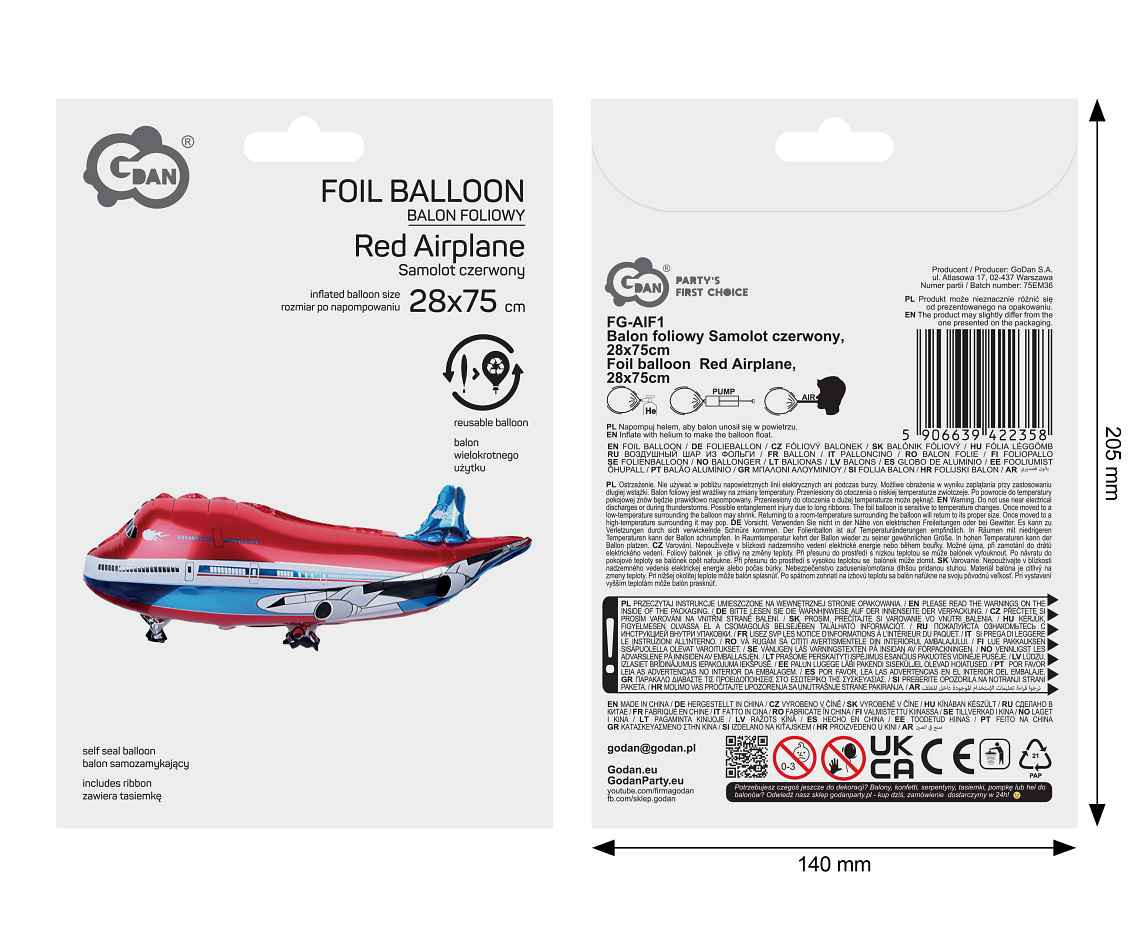 Foil balloon  Red Airplane , 28x75cm