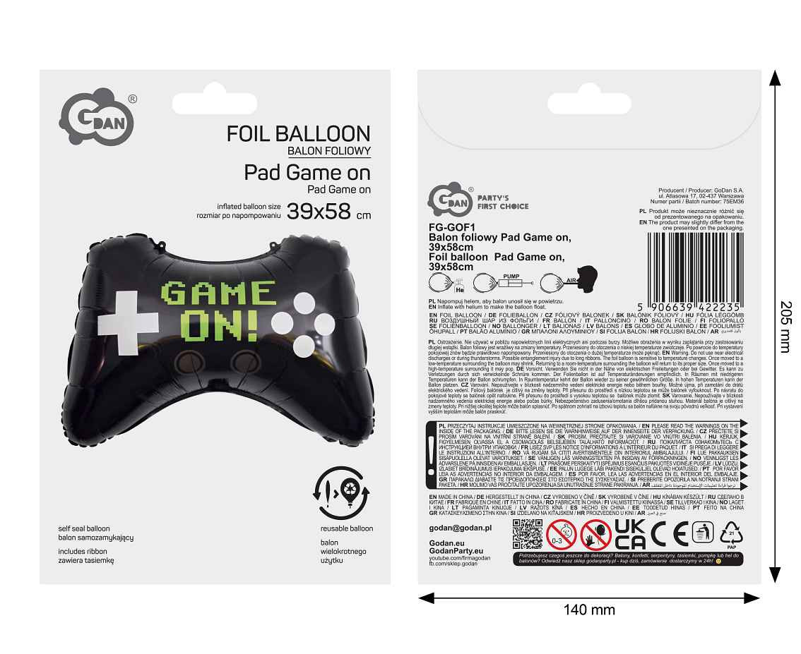 Foil balloon  Pad Game on, 39x58cm EOL