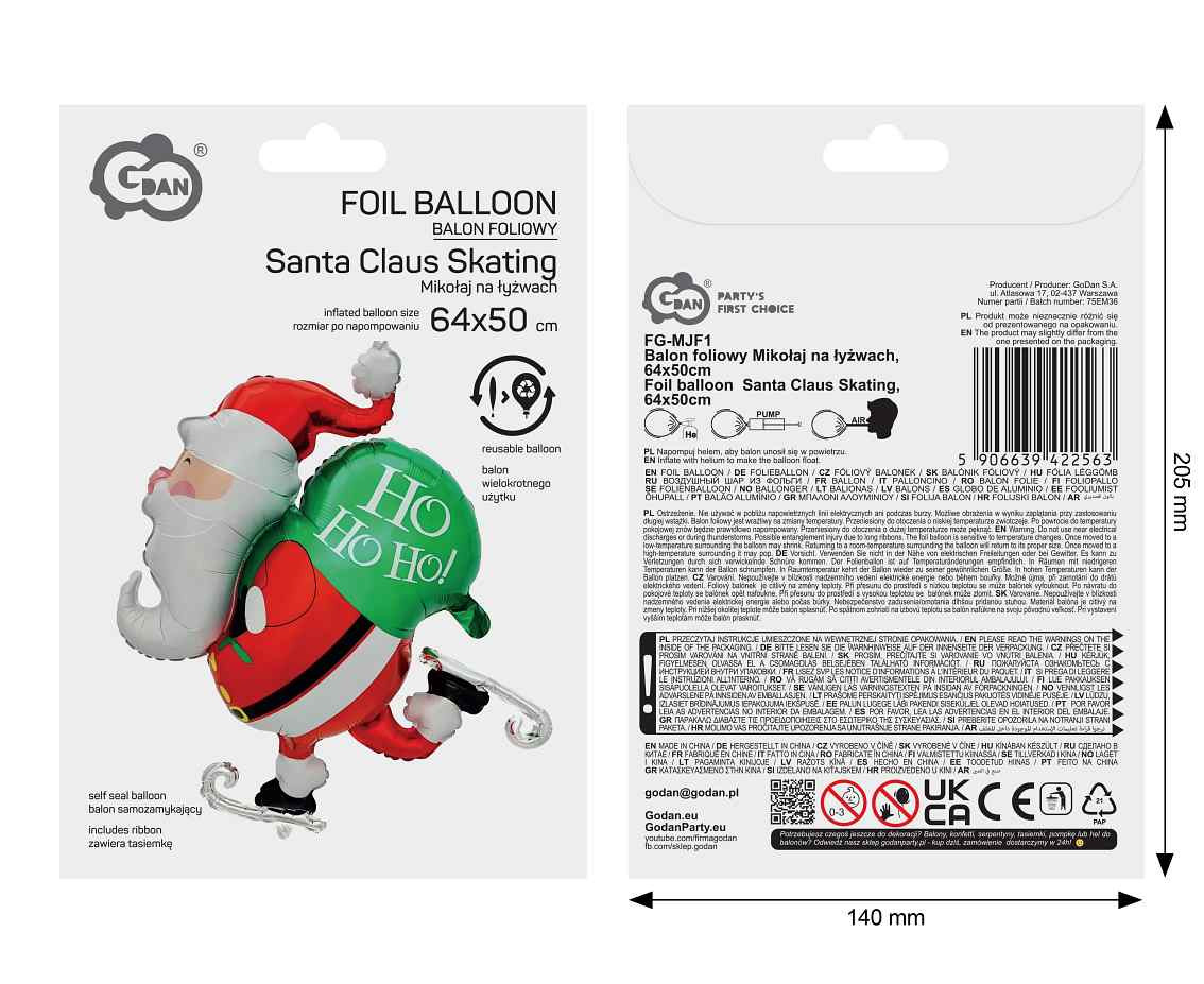 Foil balloon  Santa Claus Skating , 64x50cm EOL