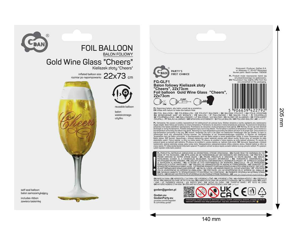 Foil balloon  Gold Wine Glass  "Cheers", 22x73cm