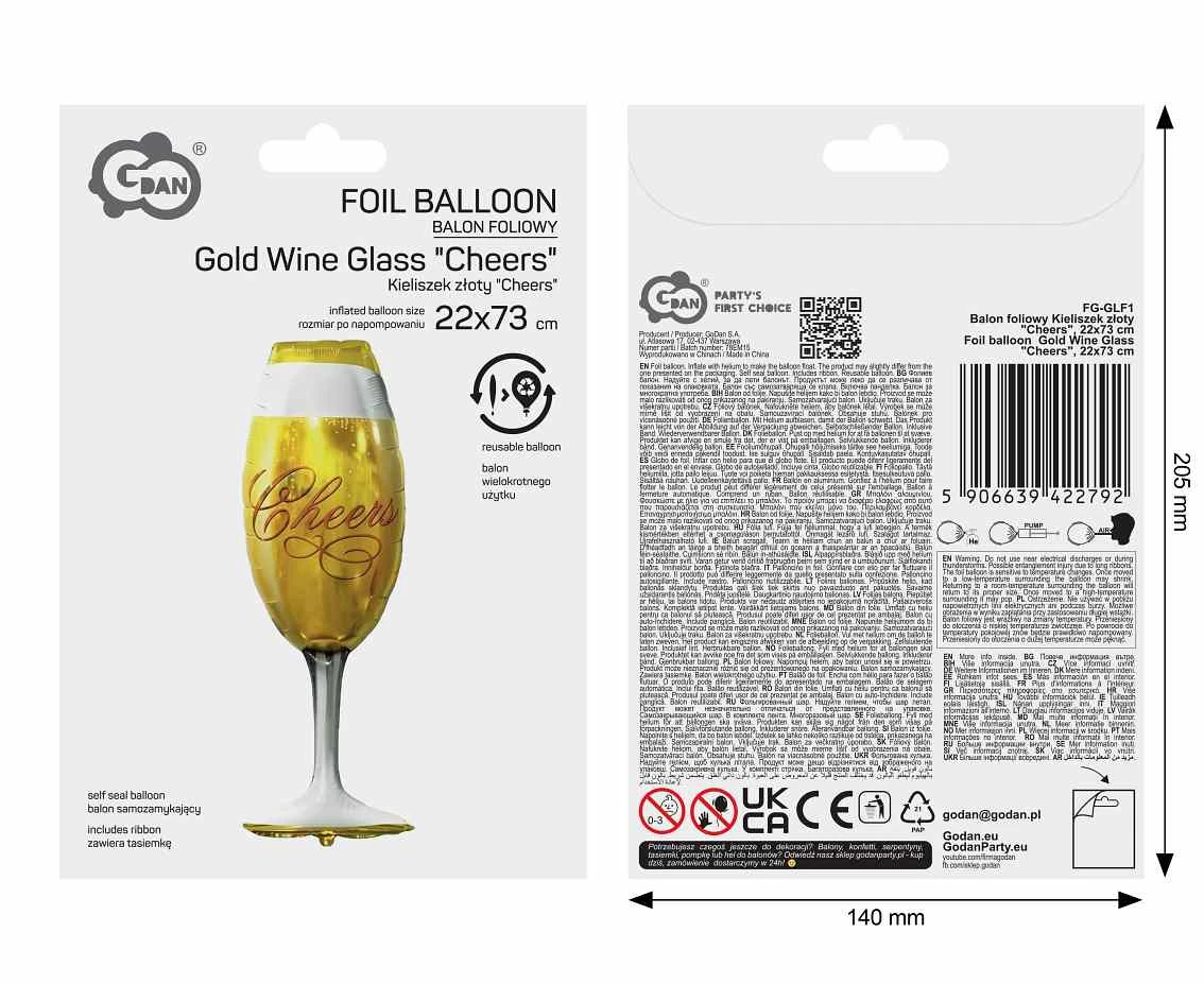 Foil balloon  Gold Wine Glass  "Cheers", 22x73cm