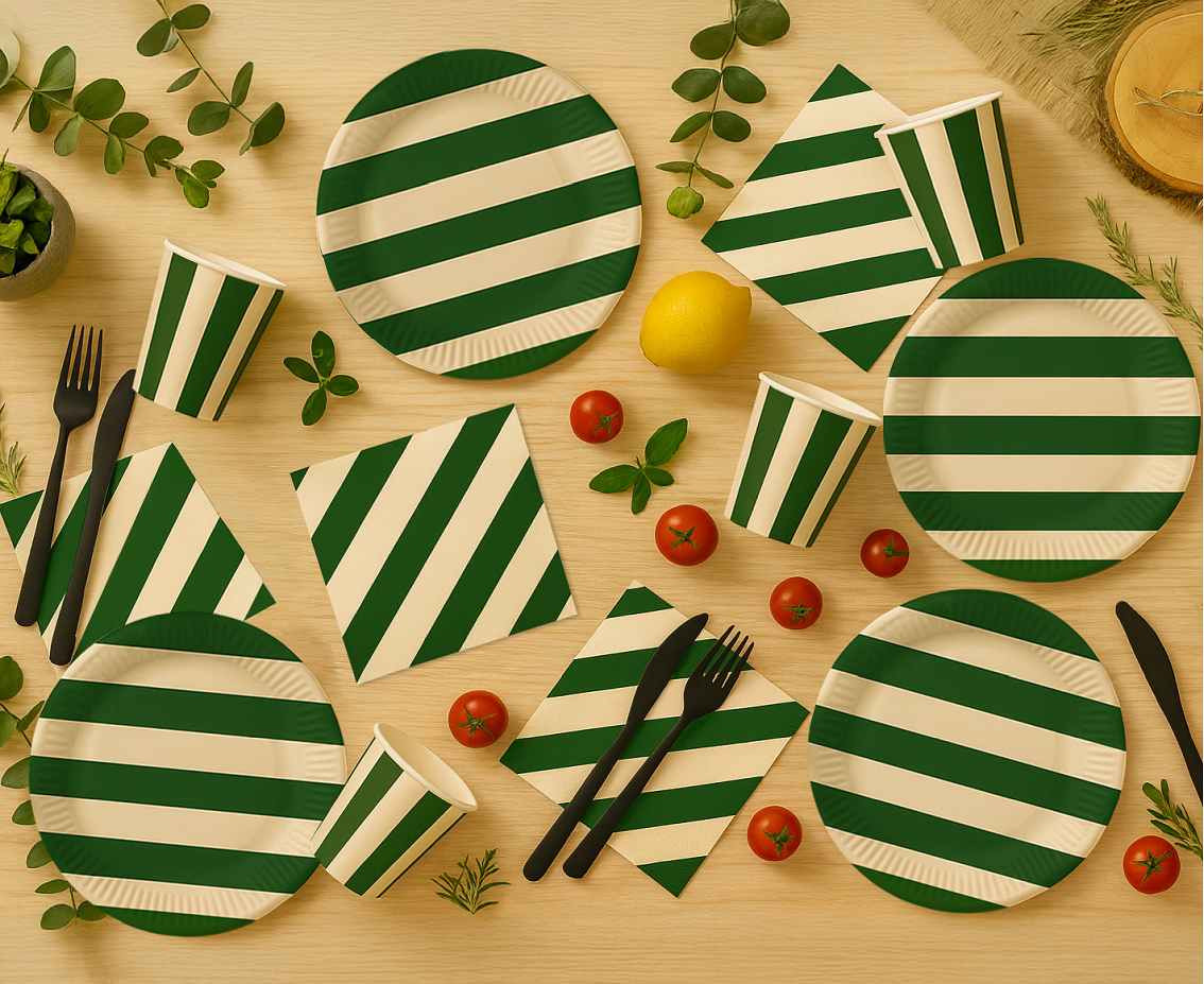 Paper Plates, Striped (green-beige), 18 cm, 6 pcs.