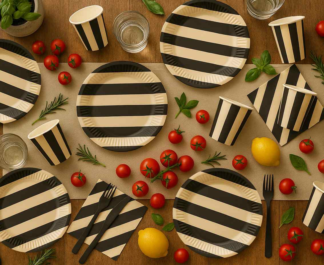 Paper Cups, Striped (black-beige), 250 ml, 6 pcs.