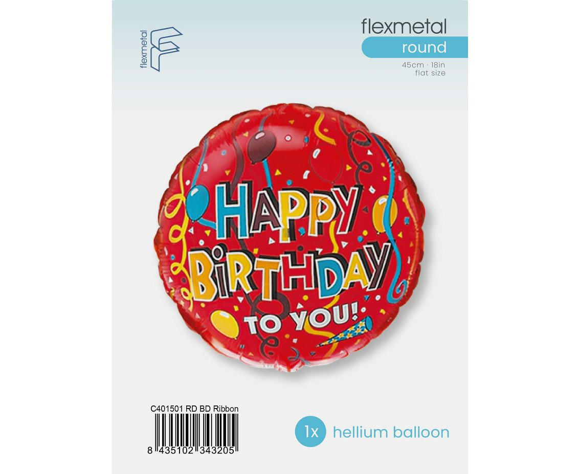 18" FX Foil Balloon - Happy Birthday (Ribbons), packed