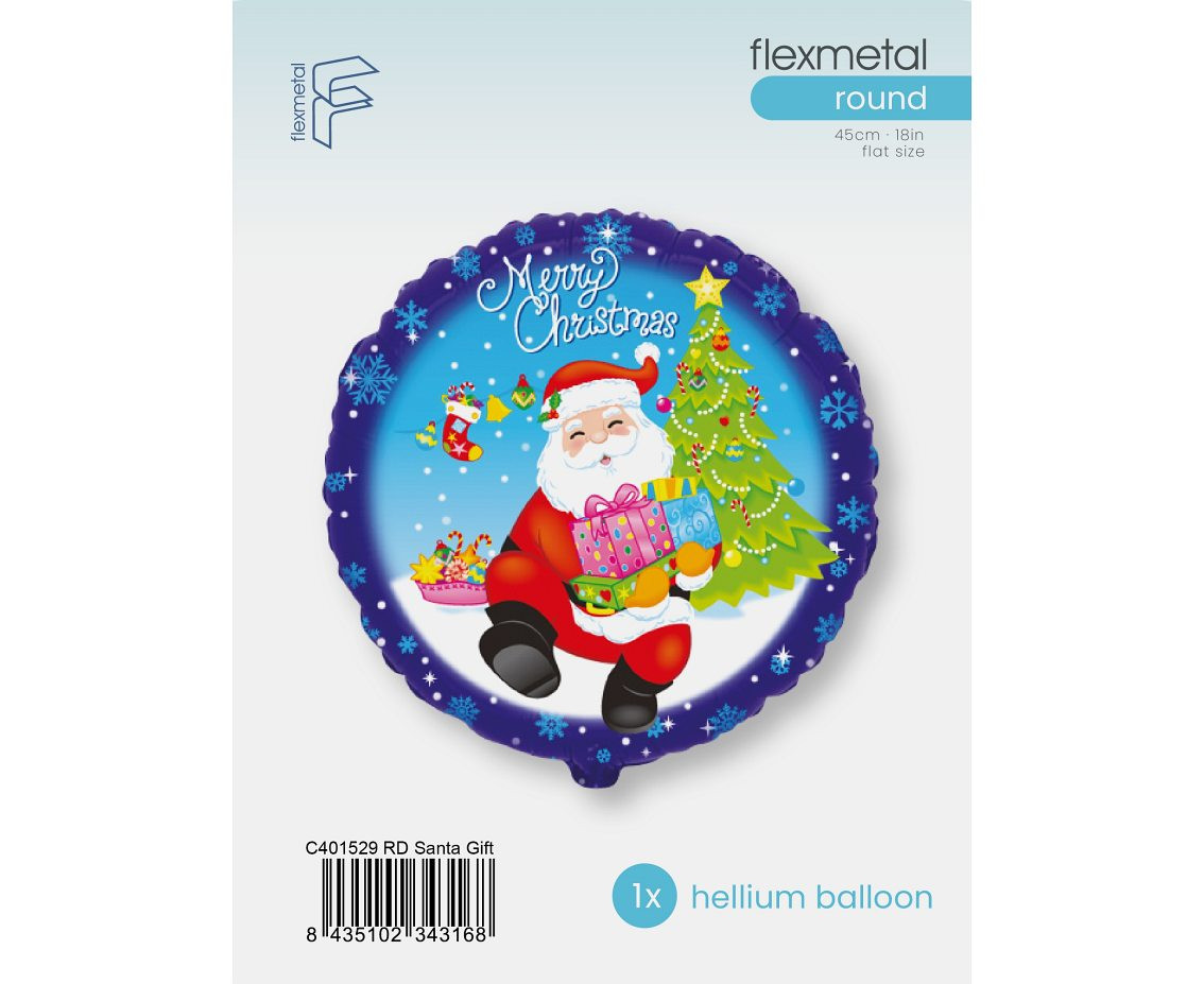 18" FX Foil Balloon - "Merry Christmas - Santa Claus with Presents" (Round), packed