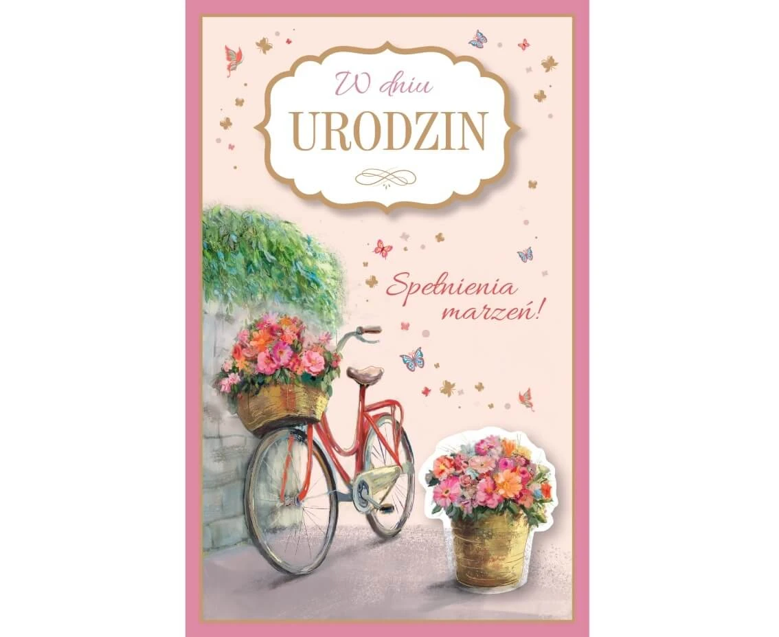 Birthday card, bicycle, bouquet of flowers