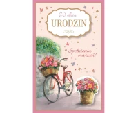 Birthday card, bicycle, bouquet of flowers