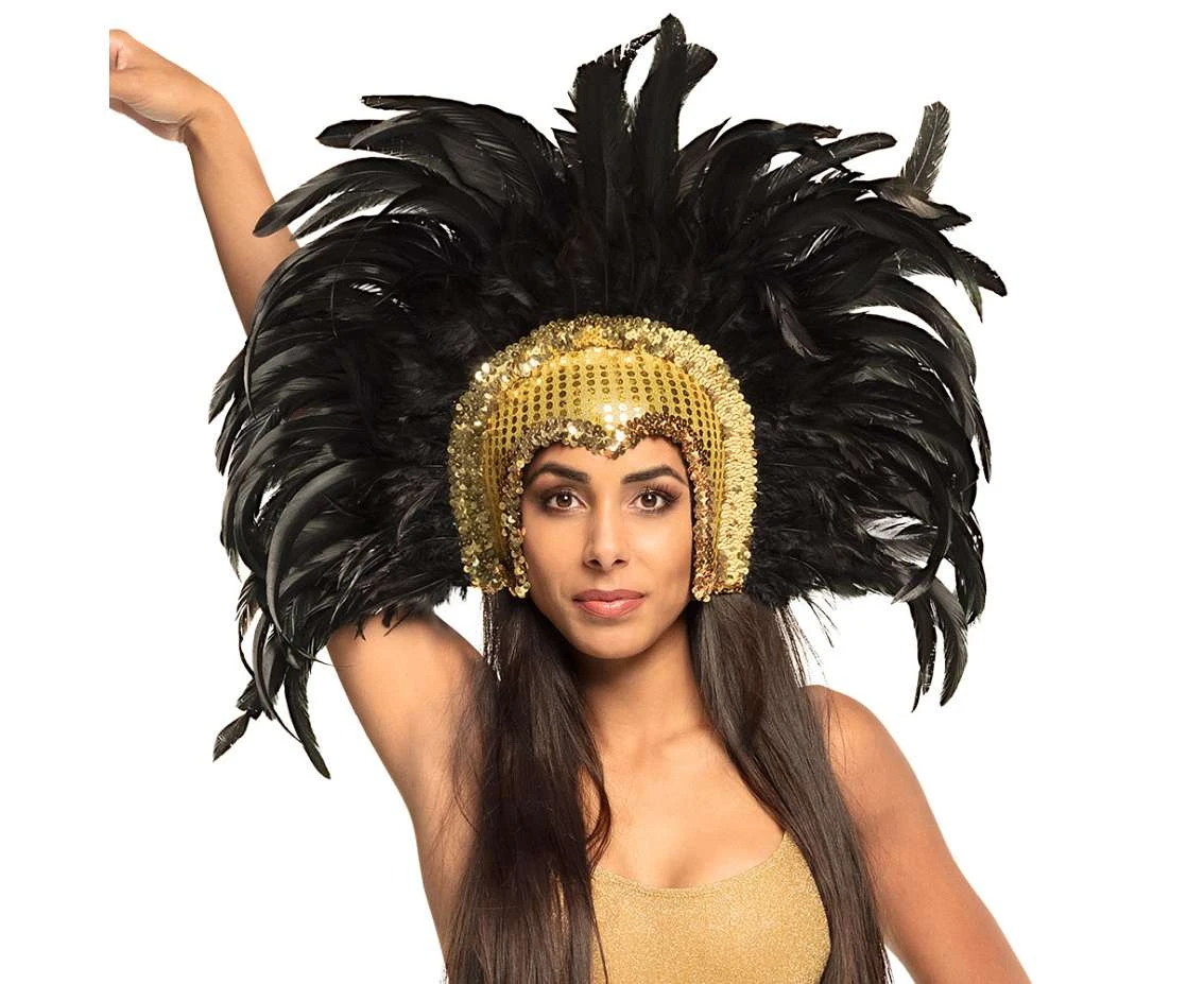 Dancer''s helmet gold, with black feathers