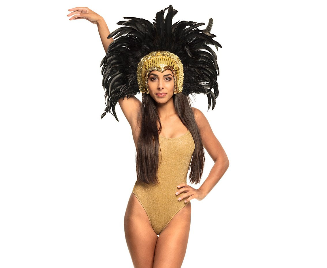 Dancer''s helmet gold, with black feathers