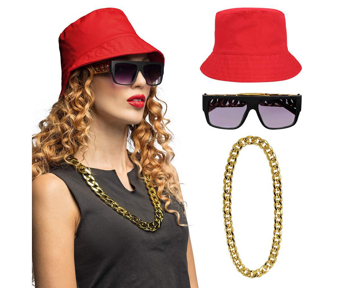 Set 90''s hip hop (bucket hat, party glasses, necklace)