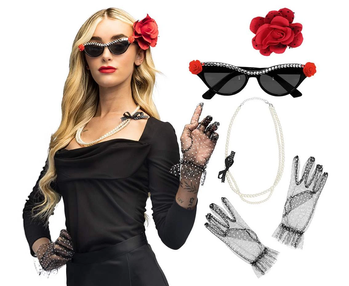 Set Vintage (hair accessory, party glasses, necklace and 2 gloves)