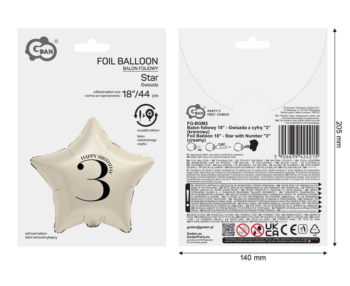 Foil Balloon 18" - Star with Number "3" (creamy)